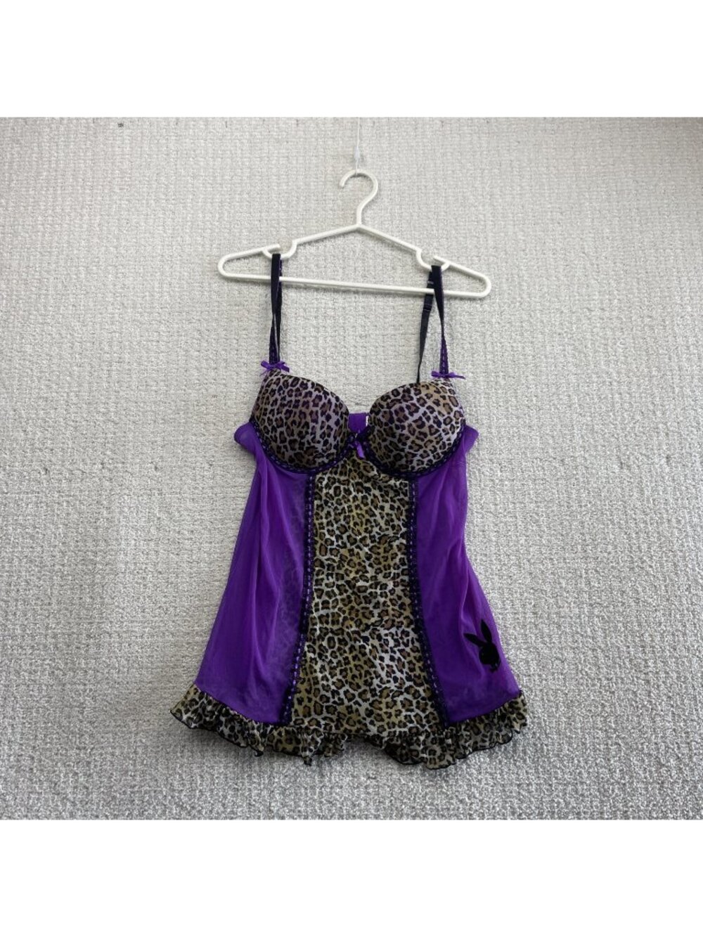 Y2K Playboy Bunny Intimates Lingerie Coquette Babydoll Purple Leopard AOP Sz L